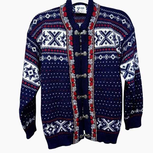 Voss Norway Wool Sweater S Nordic Fair Isle Pewter Clasps Cozy Luxe Vintage - Picture 1 of 6